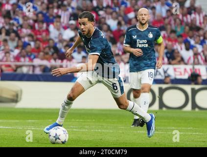 Madrid, Espagne. 4 ottobre 2023. Ramiz Zerrouki di Feyenoord durante la partita di calcio del gruppo e di UEFA Champions League tra Atletico de Madrid e Feyenoord il 4 ottobre 2023 allo stadio Civitas Metropolitano di Madrid, Spagna - foto Laurent Lairys/DPPI Credit: DPPI Media/Alamy Live News Foto Stock