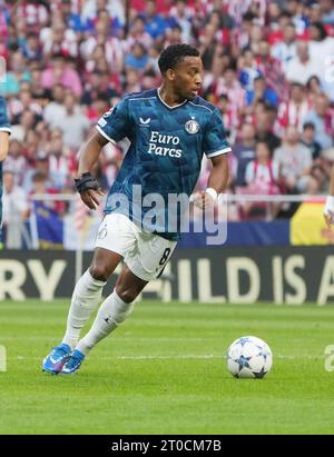 Madrid, Espagne. 4 ottobre 2023. Quinten Timber of Feyenoord durante la UEFA Champions League, gruppo e partita di calcio tra Atletico de Madrid e Feyenoord il 4 ottobre 2023 allo stadio Civitas Metropolitano di Madrid, Spagna - foto Laurent Lairys/DPPI Credit: DPPI Media/Alamy Live News Foto Stock