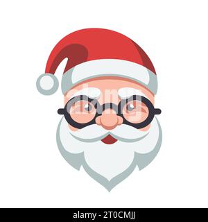 Babbo Natale faccia con barba e baffi. Carina testa dei cartoni animati di Babbo Natale in cappello. Illustrazione vettoriale. Icona di Natale Illustrazione Vettoriale