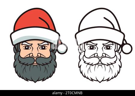 Babbo Natale faccia con barba e baffi. Set di icone natalizie. Carina testa dei cartoni animati di Babbo Natale in cappello. Illustrazione vettoriale. Set di icone natalizie Illustrazione Vettoriale