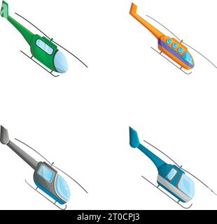 Le icone degli elicotteri impostano il vettore dei cartoni animati. Elicottero civile e militare. Motoscafo, trasporto aereo Illustrazione Vettoriale