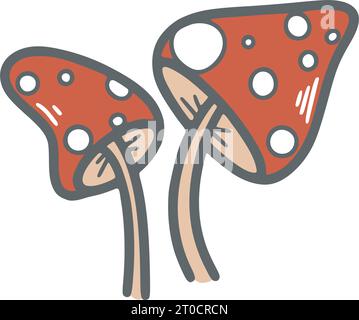 Agarici mosca disegnati a mano semplici illustrazioni isolate. Velenosi funghi della foresta, stile bozzolo. Fungo rosso con spot bianchi clip art, vettore Illustrazione Vettoriale