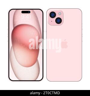 Nuovo iPhone 15 colore rosa intenso di Apple Inc iphone con schermo mock-up e iphone sul retro. Alta qualità. Presentazione ufficiale. Editoriale Illustrazione Vettoriale