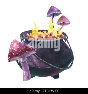 Calderone da strega acquerello con funghi agarici e tossici Fly. Illustrazione dipinta a mano di Caldron con fuoco per la clip art di Halloween. Schizzo isolato Foto Stock