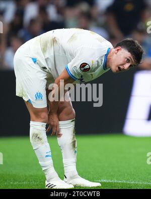 Marsiglia, Marsiglia. 5 ottobre 2023. Leonardo Balerdi dell'Olympique Marsiglia durante la partita di UEFA Europa League tra Olympique Marsiglia e Brighton Hove Albion, gruppo B, data 2, giocata allo Stade Velodrome il 5 ottobre 2023 a Marsiglia, in Francia. (Foto di Bagu Blanco/PRESSINPHOTO) crediti: PRESSINPHOTO SPORTS AGENCY/Alamy Live News Foto Stock