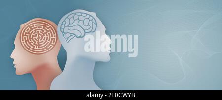Metafora disturbo bipolare mentale. 2 silhouette della testa con labirinto e cervello. Concetto di salute mentale. Personalità divisa.disturbo dell'umore. Psicologia Illustrazione Vettoriale