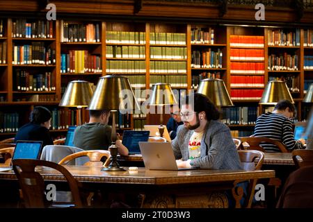 NEW YORK, USA - 18 SETTEMBRE 2023. Uno studente adulto maturo che cerca e impara in una biblioteca universitaria con libri e computer portatile Foto Stock