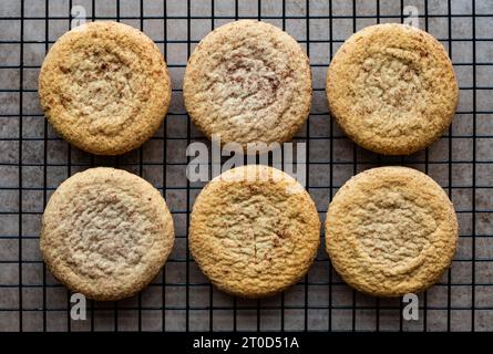 Primo piano del raffreddamento dei biscotti snickerdoodle sulla griglia metallica. Foto Stock