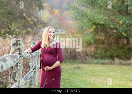 Donna incinta che tiene la pancia in piedi in un campo vicino a una recinzione Foto Stock