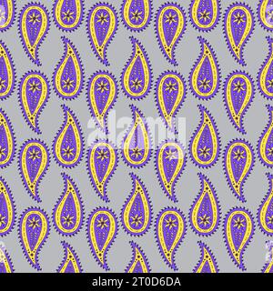 Motivo senza cuciture con motivi Paisley viola e giallo su sfondo grigio Illustrazione Vettoriale