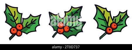 Icona Christmas holly Berry Leaves. Set di icone natalizie dei cartoni animati. Pianta natalizia disegnata a mano. Illustrazione vettoriale. Set di icone natalizie Illustrazione Vettoriale