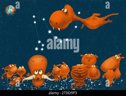 Symbol 2024 Dragon Chinese Zodiac. Personaggi dei cartoni animati animali secondo il calendario orientale Guarda il Drago che vola nello spazio al di sopra della truffa Foto Stock