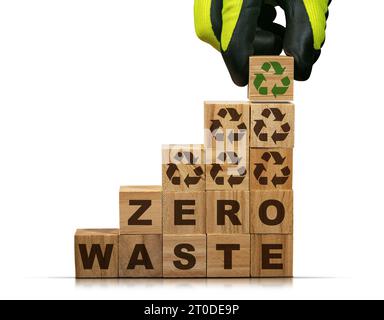 Guanti disposti a mano in blocchi di legno con testo Zero Waste and Recycling Symbols, isolati su sfondo bianco con spazio per la copia, fotografie. Foto Stock