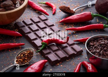 Tavoletta di cioccolato fondente, cayenne al peperoncino rosso caldo, spezie secche al peperoncino caldo, nib di semi di cacao in polvere, cibo dal design gustoso su fondo di legno nero Foto Stock