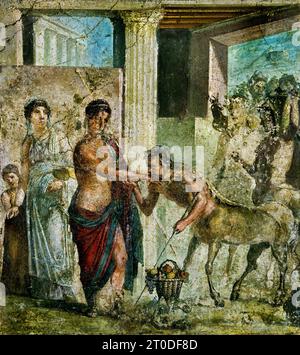 Pirito con Ippodamia in un matrimonio in cui centauri rapirono le donne Lapith, Casa di Gavius Rufus VII, fresco Pompei città romana si trova vicino a Napoli, nella regione Campania. Pompei fu sepolta sotto 4-6 m di cenere vulcanica e pomice nell'eruzione del Vesuvio nel 79 d.C. Italia Foto Stock