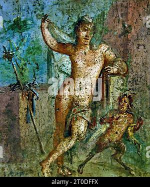 Ermafrodite 62-79 d.C. fresco Pompei città romana si trova vicino a Napoli, nella regione Campania d'Italia. Pompei fu sepolta sotto 4-6 m di cenere vulcanica e pomice nell'eruzione del Vesuvio nel 79 d.C. Italia (l'uomo è appoggiato contro un muro roccioso e si rivela ad un Panisco, che alza le braccia a sorpresa nudo di Ermafrodito, Foto Stock