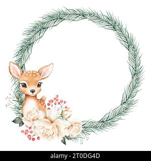 Corona di Natale ad acquerello con graziosi cervi, rose, rami di conifere, eucalipto e frutti di bosco. Perfetto per biglietti, biglietti di auguri, confezioni, regali, de Foto Stock