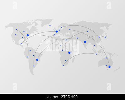 Mappa del mondo a mezzitoni grigia punteggiata con linee curve o percorsi di volo che collegano punti blu come città. Illustrazione concettuale delle comunicazioni globali e tr Foto Stock