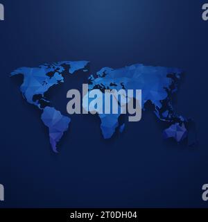 Mappa del mondo con pattern poligonali 3d blu con effetto chiaro e ombra su sfondo blu scuro. Mappa del mondo moderna e pulita ad alta risoluzione. Foto Stock