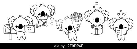 Set di Kawaii Koala Bear Coloring Page. Collezione di simpatiche illustrazioni Vector Koala. Illustrazione Vettoriale