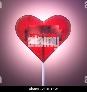 lecca-lecca a forma di cuore con lama per rasoio all'interno. rendering 3d. Foto Stock