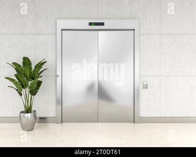 rendering 3d degli interni di un moderno ascensore in acciaio con porte chiuse Foto Stock