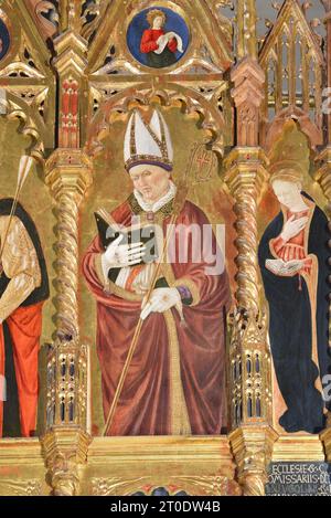 Belforte del Chienti (Italia, Marche - provincia di Macerata), chiesa di Sant'Eustachio. Giovanni Boccati, polittico, XV secolo. (Lato destro dettaglio di ordine superiore, San Eleuterio), 1468 Foto Stock