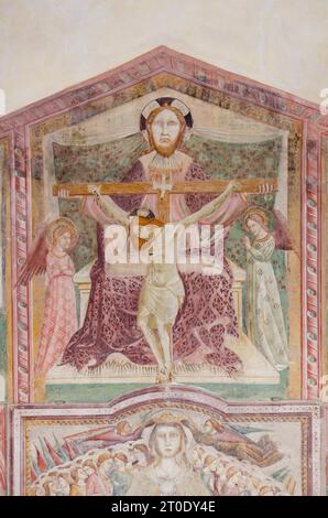 Falconara Marittima, località Castelferretti (Italia, Marche - provincia di Ancona), chiesa di Santa Maria della Misericordia. Parete posteriore, Trinità (Thronum Gratiae), affreschi metà XV secolo (1450-55), Maestro di Castelferretti (Giambono di Corrado da Ragusa?) Foto Stock