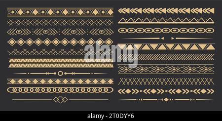 Imposta divisori a freccia etnici tribali dorati, boho di prua indiano nativo in stile doodle isolato su sfondo scuro. Bordi della collezione, elementi decorativi. Illustrazione vettoriale Illustrazione Vettoriale