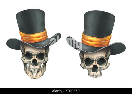 Un teschio umano in un cappello nero con un nastro arancione. Illustrazione ad acquerello disegnata a mano per il giorno dei morti, halloween, dia de los muertos. Set di Foto Stock