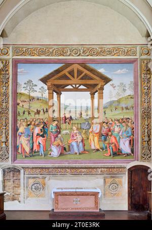 Città della Pieve (Italia, Umbria, provincia di Perugia), Oratorio di Santa Maria dei Bianchi, Perugino, Adorazione dei Magi, dimensioni affresco 700x650 cm, datato 1504 Foto Stock