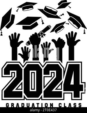 Poster della classe di laurea del 2024 per biglietti di auguri, biglietti di invito, disegni di laurea, T-shirt, feste di laurea o laureati. Graduati mani thro Illustrazione Vettoriale