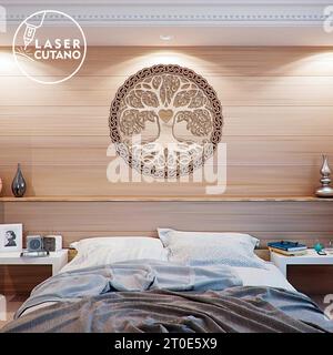 Il pannello artistico TREE of LIFE in legno è un elemento decorativo accattivante e meticolosamente realizzato che trasuda bellezza naturale e raffinatezza artistica Illustrazione Vettoriale