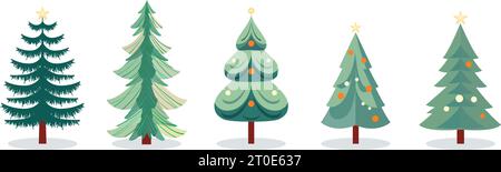 Set di alberi di Natale in stile semplice per le vacanze invernali. Collezione di abeti e pini natalizi. Illustrazione Vettoriale
