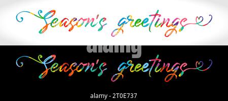 Testo creativo a colori saluti di stagione, anteprima su sfondo bianco e nero. Logo o banner orizzontale. Stile disegnato a mano. Tipografia isolata. Illustrazione Vettoriale