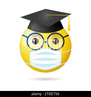 Icona emoji con berretto accademico e guardia medica. Emoticon giallo sorridente che indossa una maschera bianca. Illustrazione Vettoriale