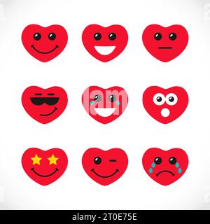 Set di emoticon dei cartoni animati vettoriali. Cuori sorridenti. Icone creative. Illustrazione Vettoriale