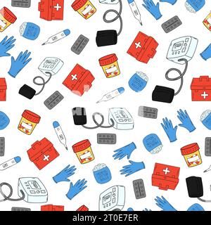 Modello medico senza cuciture con termometro, guanti per uso medico, compresse, custodia medica e tanometro su sfondo bianco. Illustrazione Vettoriale