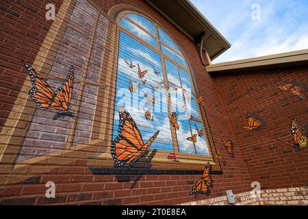 Murale a farfalla su un edificio del parco pubblico a Lilburn, Georgia. (USA) Foto Stock