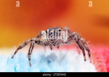 Il ragno che salta è in posa su un tappeto colorato. Primo piano Macro Photography Foto Stock