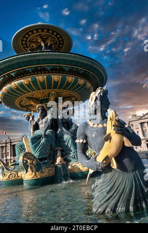 Parigi 8e arr. Fontana del mare in Place de la Concorde. Ile de France. Francia Foto Stock