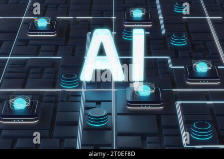 Concetto di intelligenza artificiale. Rendering di un testo 3d con infrastruttura di rete neurale in un data center cloud Foto Stock
