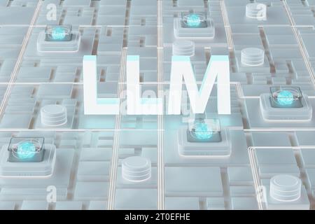 Concetto LLM modello di linguaggio grande. Rendering di un testo 3d con infrastruttura di rete neurale in un data center cloud Foto Stock