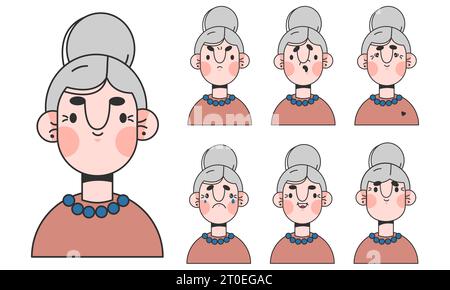 Simpatica donna anziana personaggio emozioni costruzione Illustrazione Vettoriale