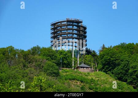 Vista sulla cima dell'albero Saarschleife sul Cloef vicino a Orscholz, sentiero escursionistico Saarschleife-Tafeltour, giri da sogno Saar-Hunsrück, Mettlach, Saar, Saar Valley, parco naturale Saar-Hunsrück, Saarland, Germania Foto Stock