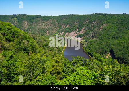 Saar Loop presso le rovine del castello di Montclair, Saar Loop Hiking Trail, Saar-Hunsrück Dream Loops, Mettlach, Saar, Saar Valley, parco naturale Saar-Hunsrück, Saarland, Germania Foto Stock