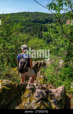 Escursionista sul sentiero escursionistico Saarschleife-Tafeltour, Traumschleifen Saar-Hunsrück, Mettlach, Saar, Saartal, parco naturale Saar-Hunsrück, Saarland, Germania Foto Stock