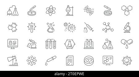 Raccolta di simboli e segni in laboratorio chimico. Set di icone farmacia e medicina. Stile lineare del contorno vettoriale Illustrazione Vettoriale