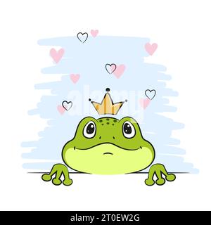 Illustrazione vettoriale dei cartoni animati Frog Prince. Rospo verde con corona innamorata. Stampa bambino Illustrazione Vettoriale