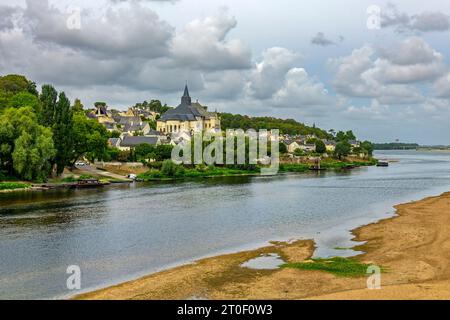 Vista sulla Vienne vicino a Candes-Saint-Martin fino alla chiesa di pellegrinaggio di San Martino. Il comune di Candes-Saint-Martin si trova direttamente alla foce della Vienne nella Loira. Foto Stock